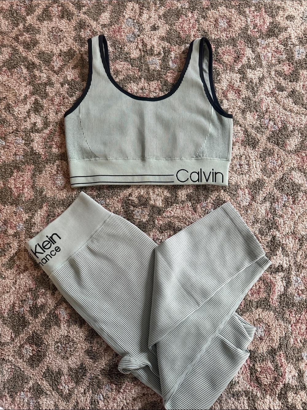 Calvin Klein mint green Ribbed Seamless Sports Bra & Legging Set with Black Trim